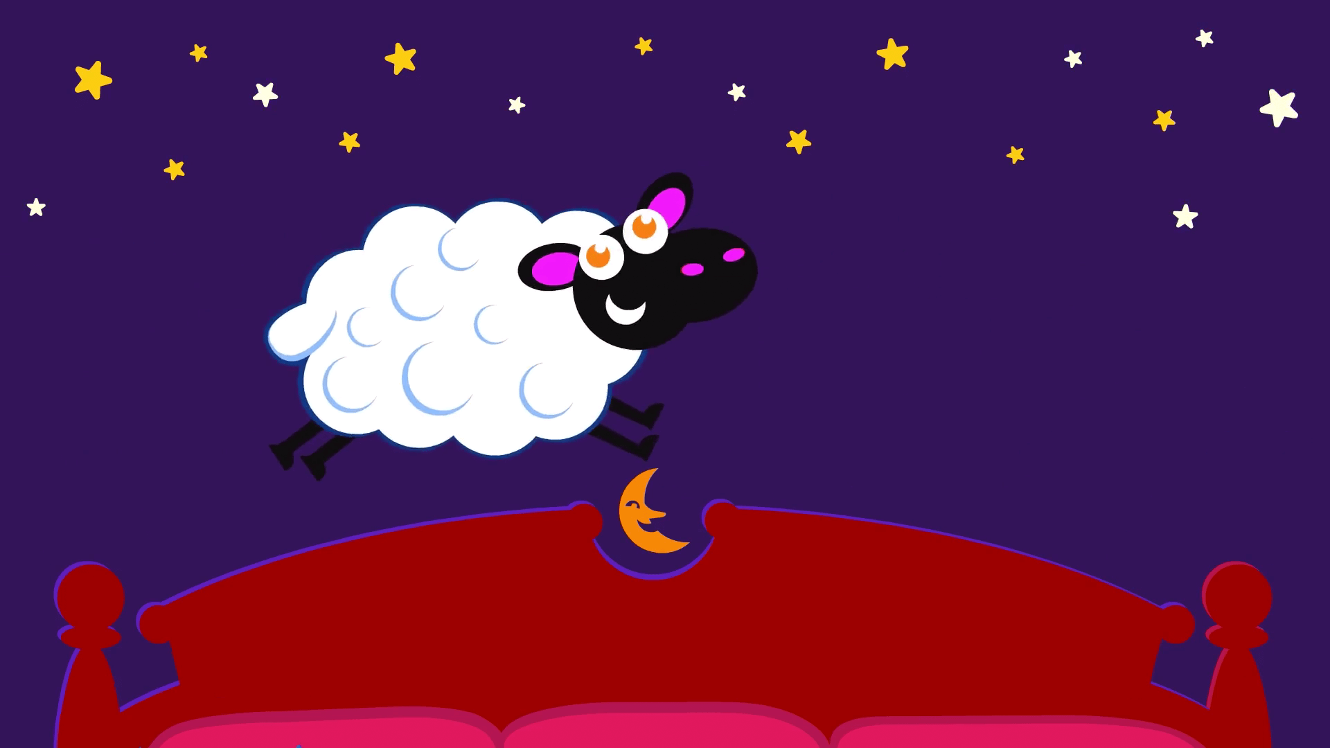 sheep jumps over bed in Kiki's Music Time music video for toddlers on KneeBouncers, bedtime song