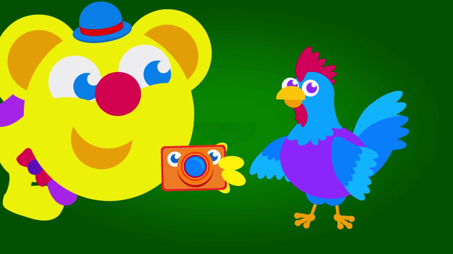 Freddy takes picture of rooster in the kneebouncers show episode about farm animals on babyfirst