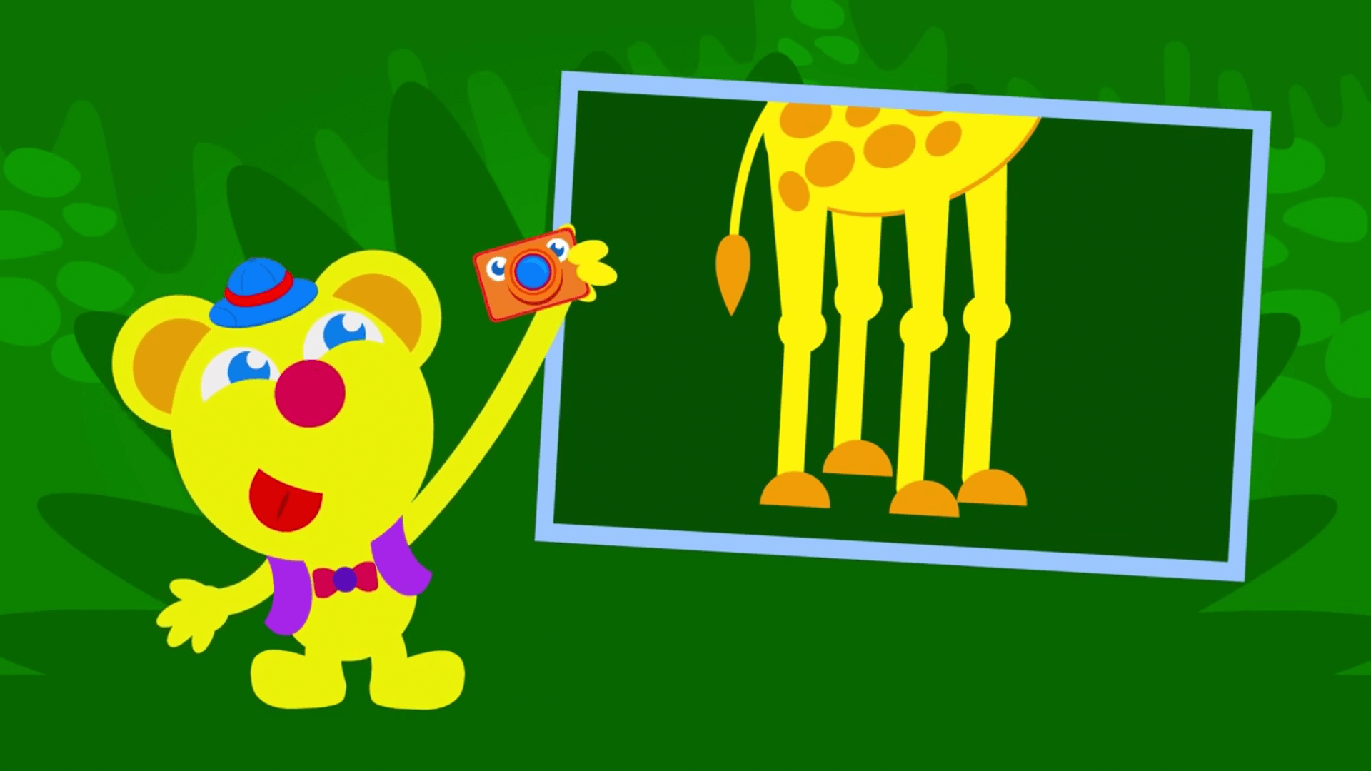 freddy takes a photo of a giraffe in the jungle episode of the kneebouncers show on babyfirsttv