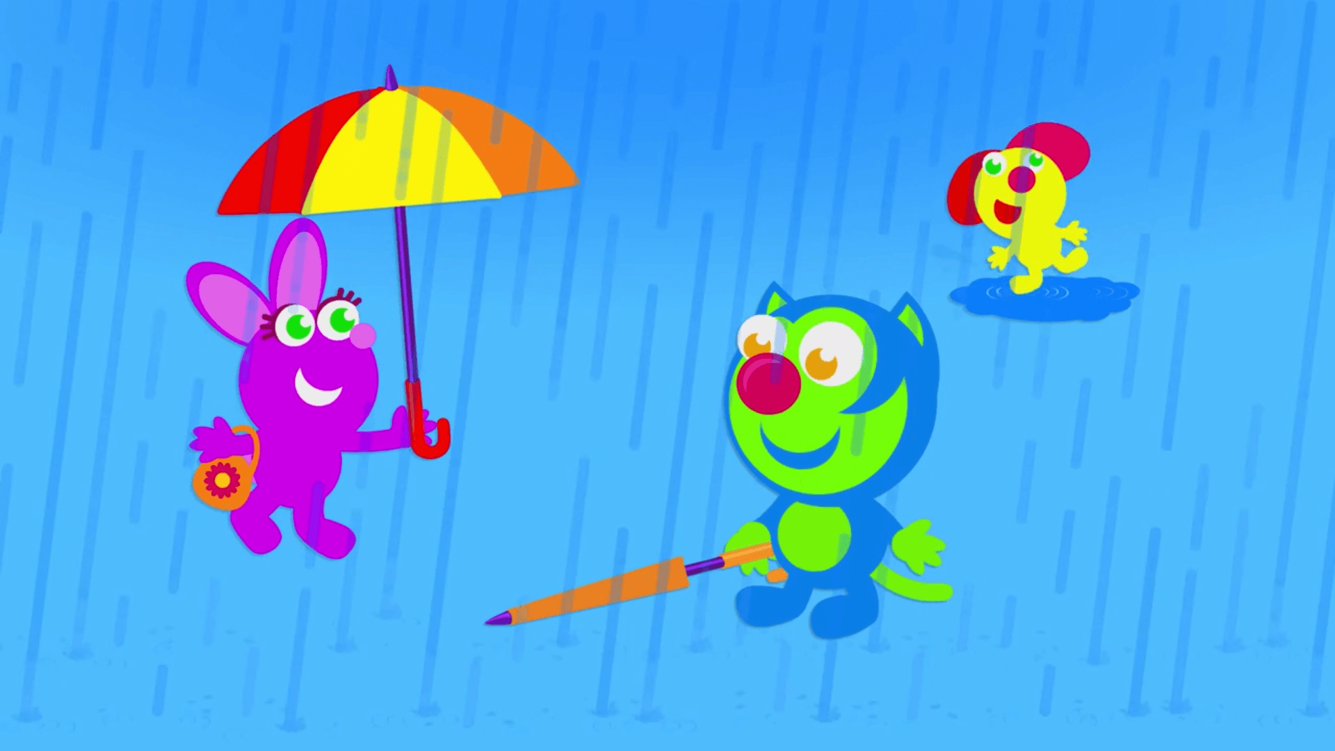 slycat tries to use umbrella in the rain on splish splash episode of the kneebouncers show on babyfirst