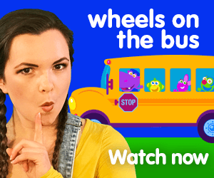 wheels on the bus title for Kiki's Music Time music video for toddlers on KneeBouncers