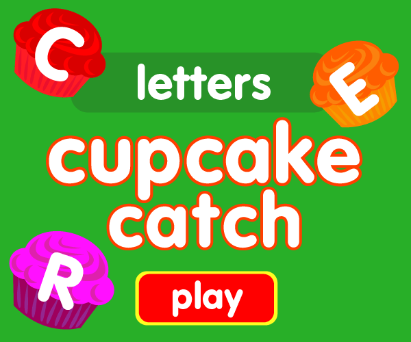 Preschool game, learn letters, cupcake catching game
